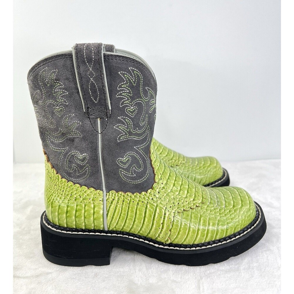 Ariat Fatbaby Cowboy Boots Womens 7.5 B Suede Green Croc Print Leather Ropers